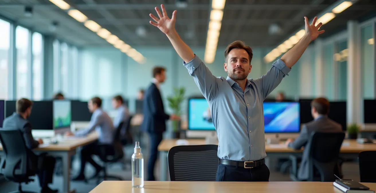 Geschäftsmann macht diskrete Dehnübungen am modernen Büroarbeitsplatz