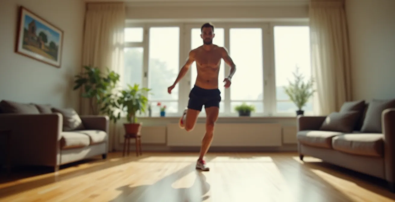 Läufer führt eine einbeinige Stabilitätsübung in einem modernen deutschen Wohnzimmer aus, was das Konzept der minimal-effektiven Dosis für das Heimtraining veranschaulicht.