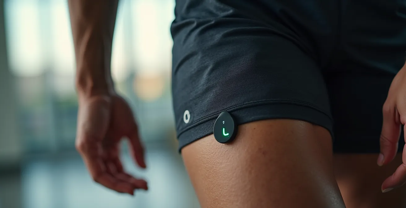 Nahaufnahme eines SmO2-Sensors am Oberschenkel während des Trainings