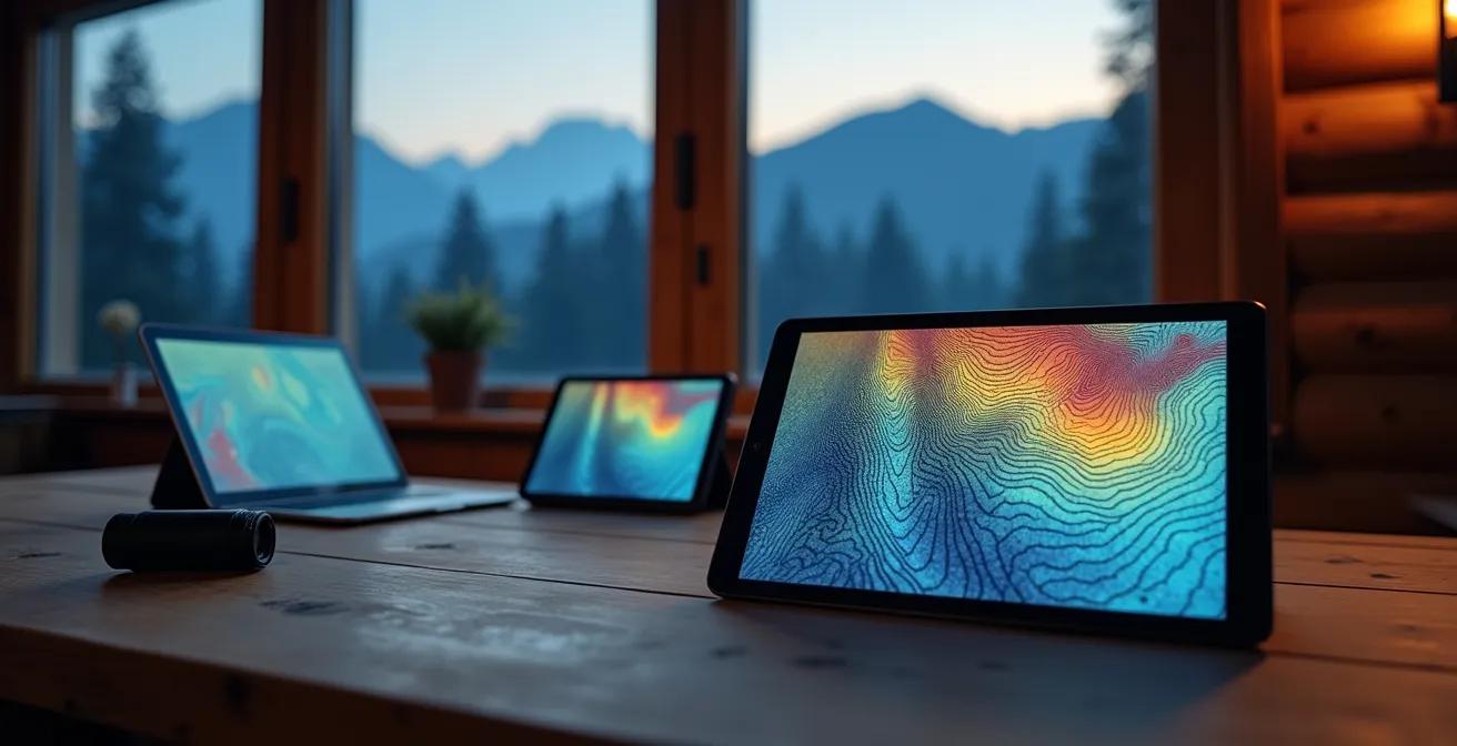 Eine Person an einem Holztisch in einer Berghütte bereitet auf verschiedenen Geräten wie Tablet und Smartphone Offline-Karten für eine Bergtour vor.