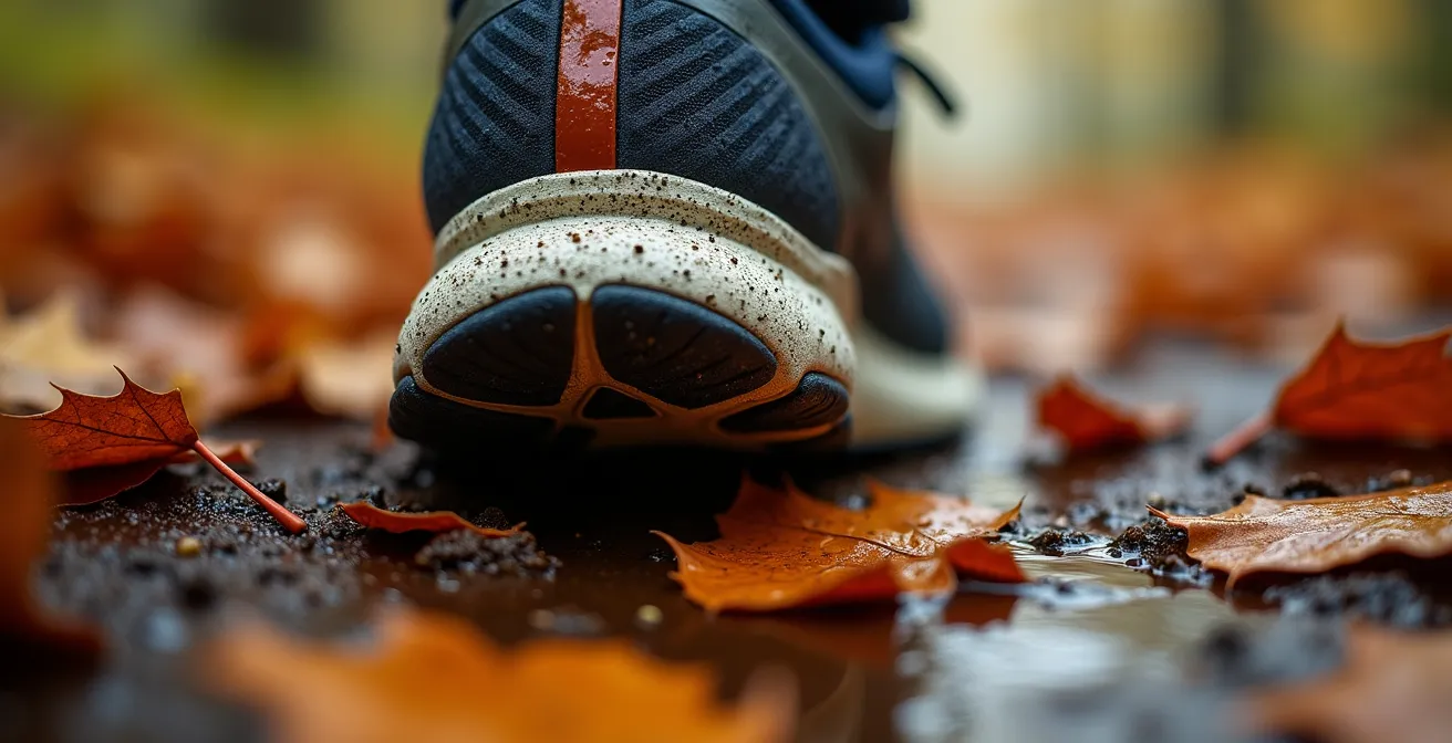 Makroaufnahme von Laufschuhsohle mit Herbstlaub und Wassertropfen