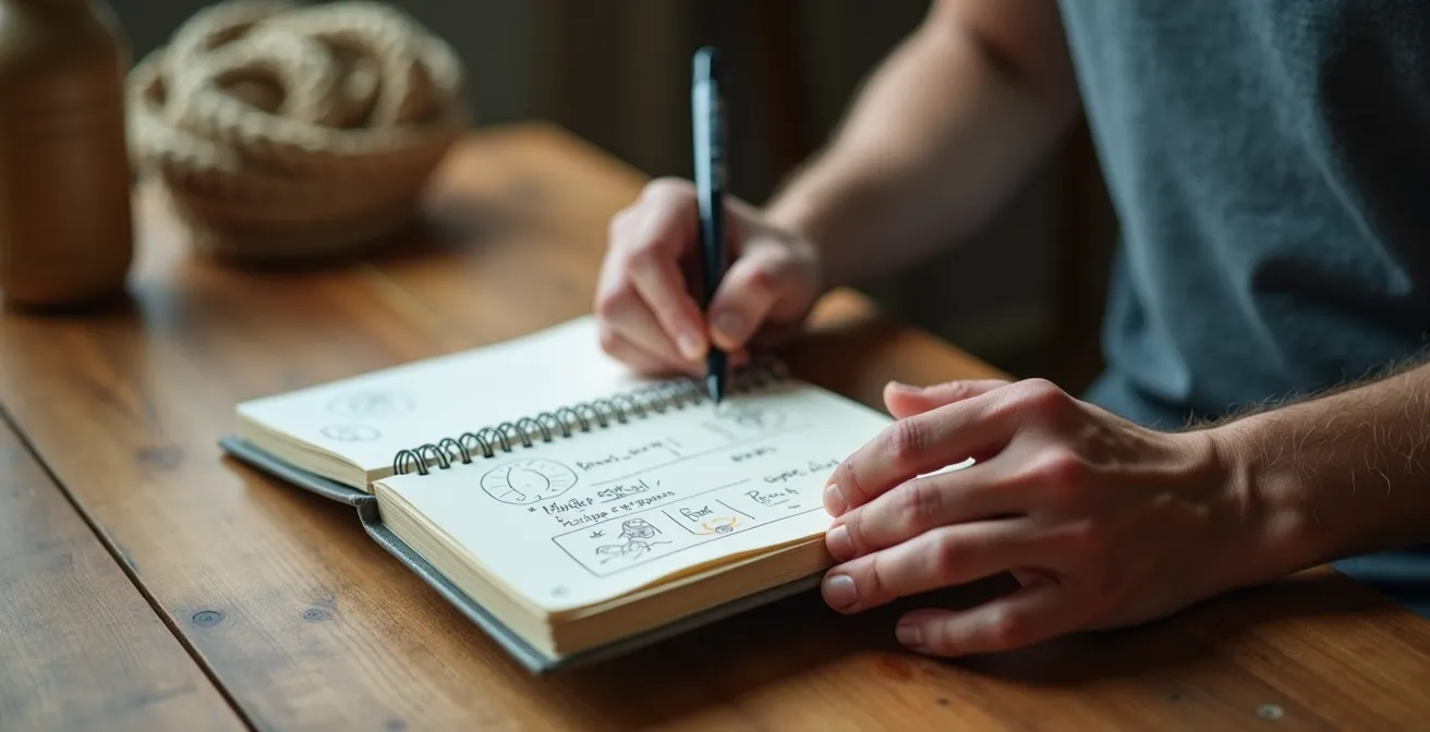 Nahaufnahme einer Hand, die nachhaltige Entscheidungen in einem Notizbuch notiert