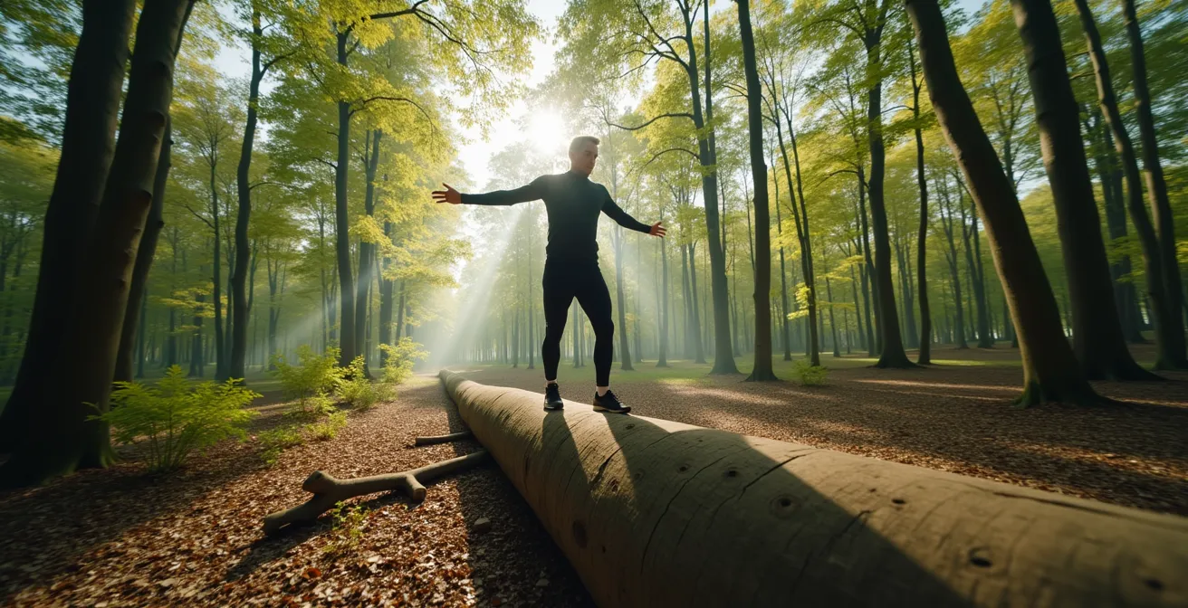 Eine Person trainiert ihre Propriozeption, indem sie auf einem umgestürzten Baumstamm in einem deutschen Naherholungsgebiet balanciert.