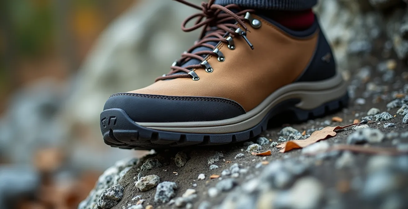 Makroaufnahme eines Bergsteigerbeins mit visualisierter Propriozeption, die die Nervenverbindungen zum Gehirn darstellt.