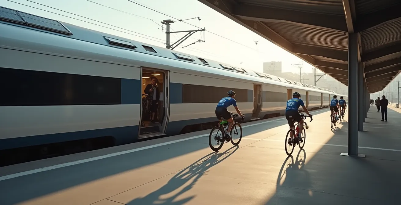 Sportler verladen ihre Rennräder in einen ICE der Deutschen Bahn, um klimafreundlich zu einem Wettkampf anzureisen.