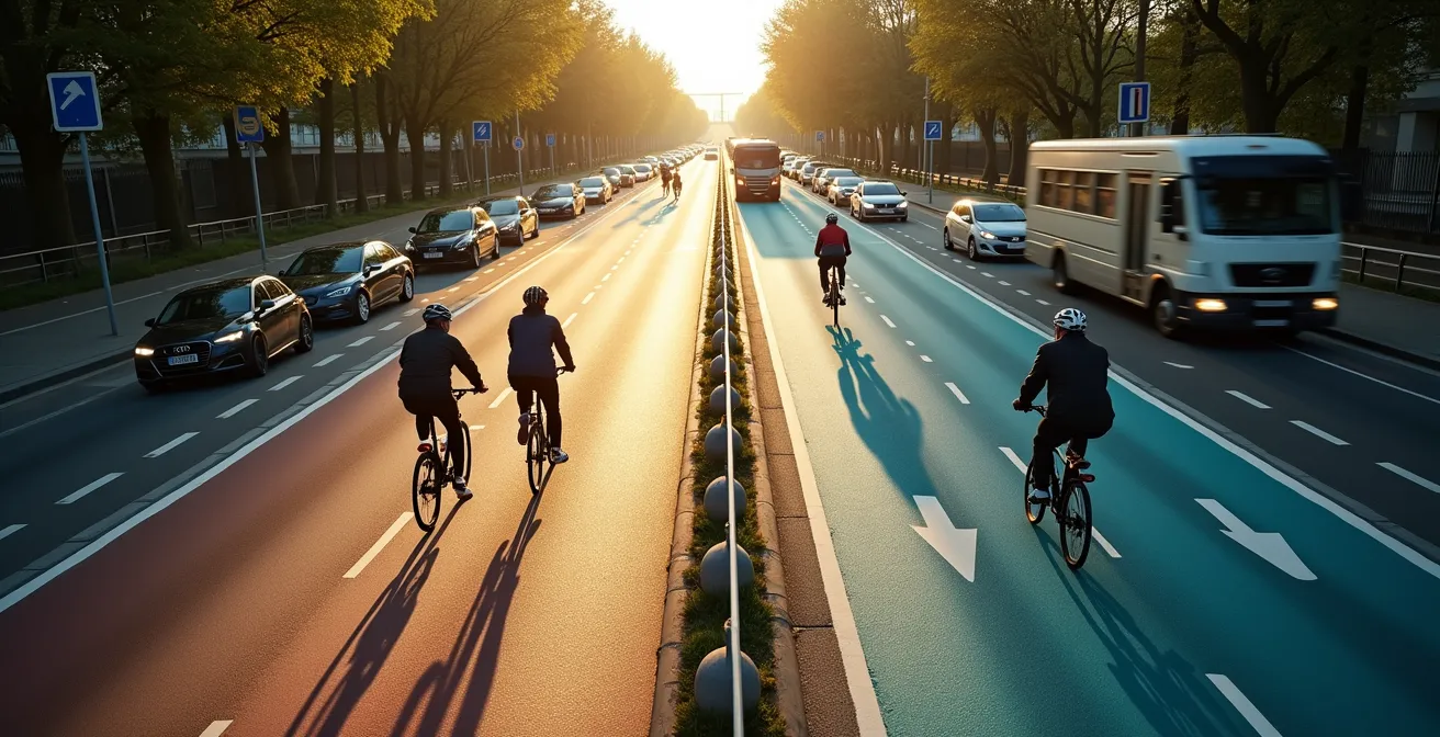 Verschiedene Radweg-Typen im deutschen Stadtverkehr, die die unterschiedlichen Sicherheitsniveaus von baulich getrennten Wegen und aufgemalten Streifen zeigen