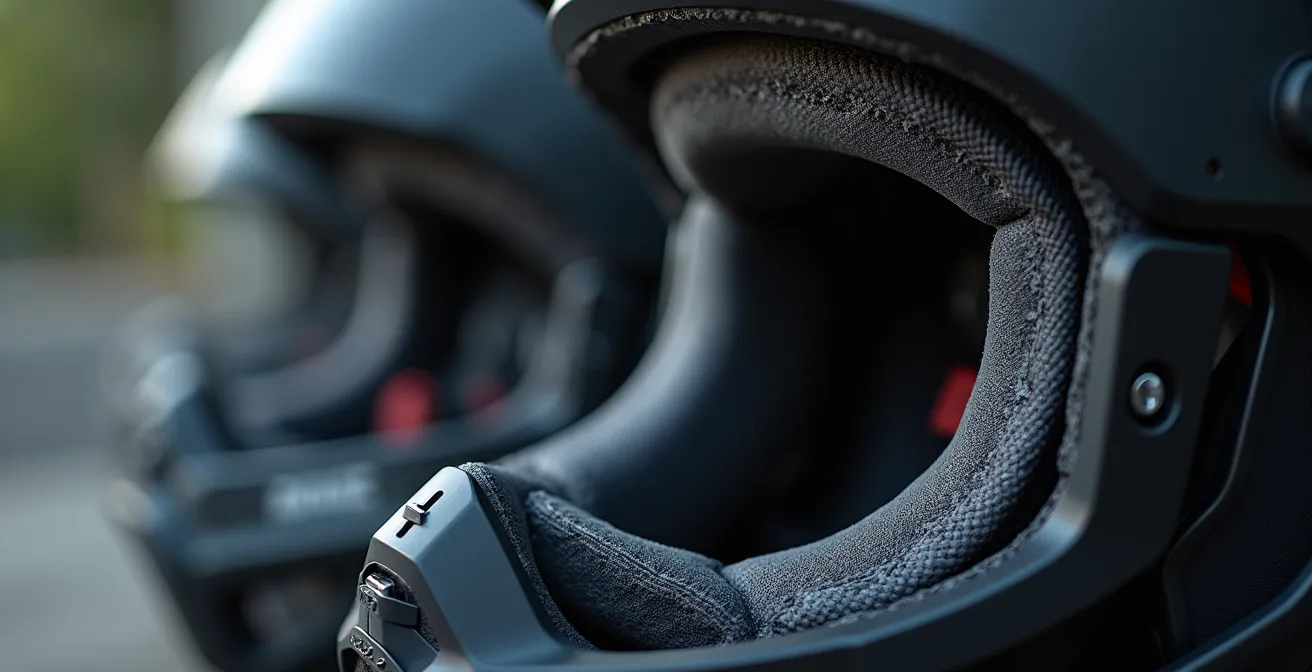 Makroaufnahme verschiedener Rotationsschutz-Technologien in Fahrradhelmen