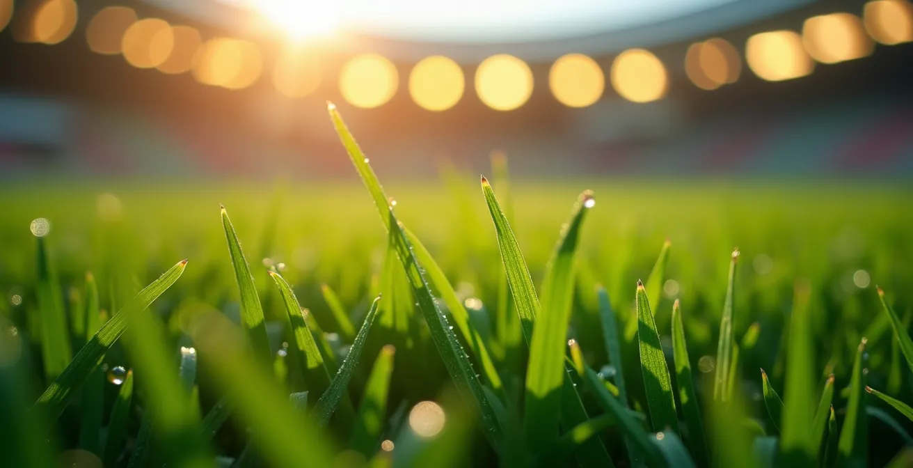Makroaufnahme von Stadionrasen mit Wassertropfen und atmosphärischer Beleuchtung im Hintergrund