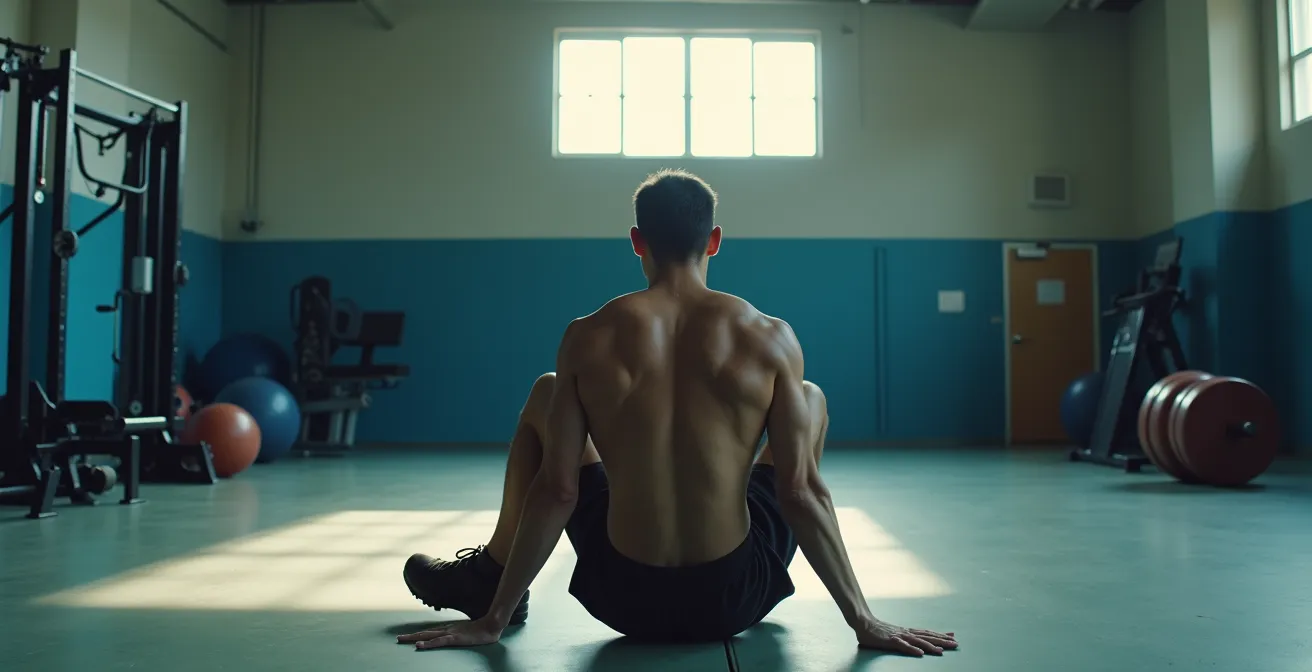 Erschöpfter Sportler in Ruhepause mit sichtbaren Anzeichen von Übertraining
