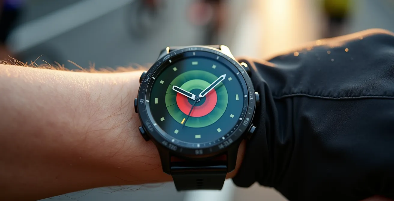 Detailaufnahme einer GPS-Sportuhr am Handgelenk mit abstrakten Belastungszonen