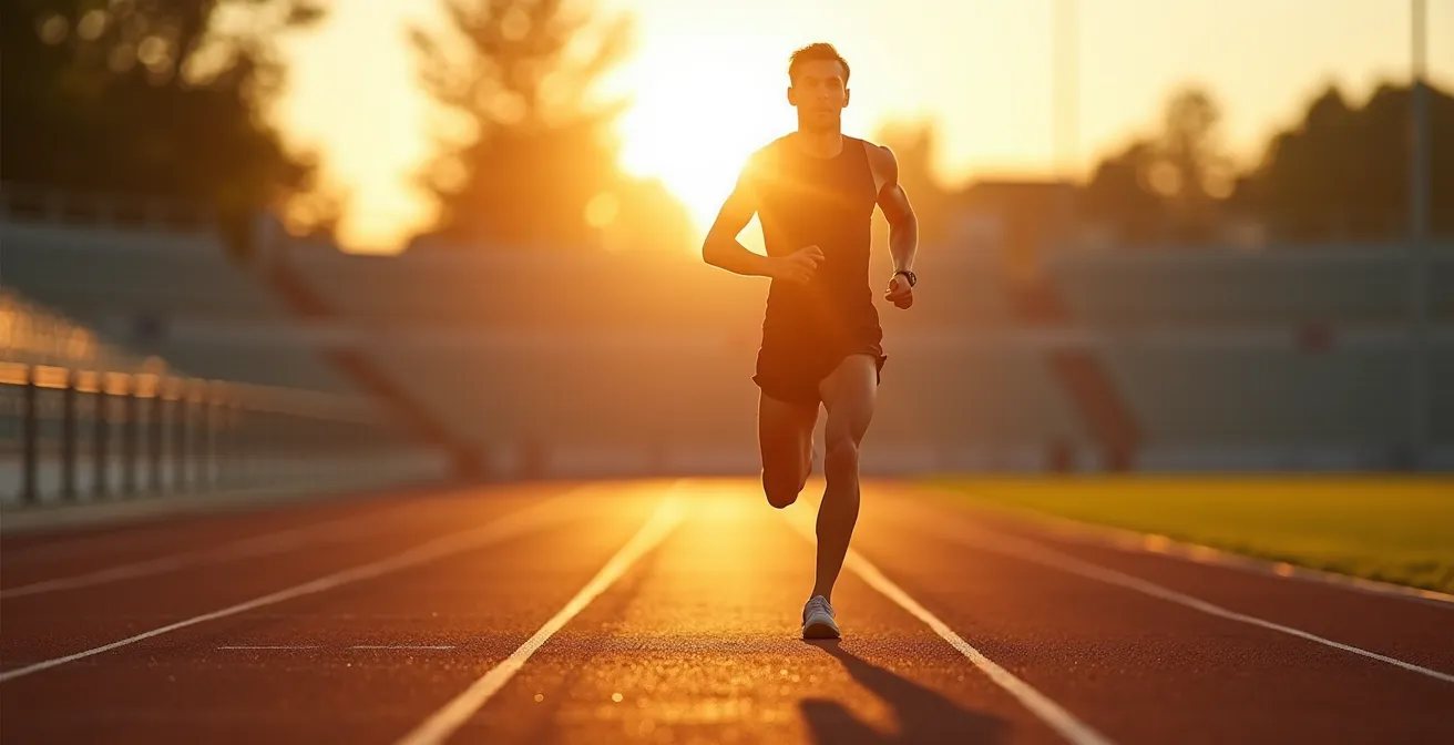 Läufer bei leichtem Aktivierungslauf auf deutscher Laufbahn