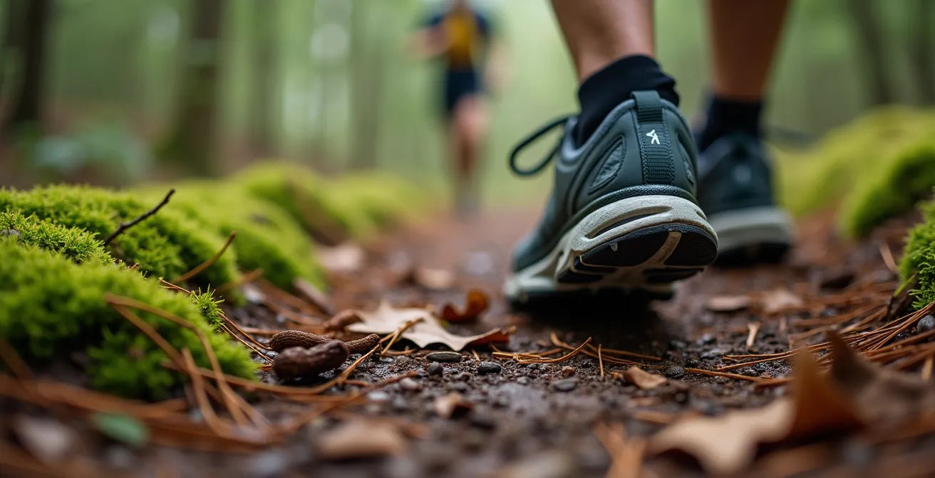 Makroaufnahme von Laufschuhen auf moosbedecktem Waldpfad