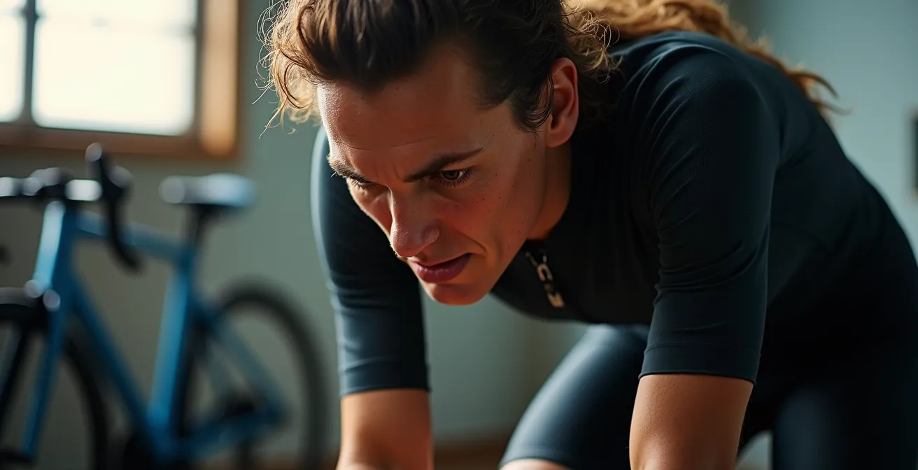 Erschöpfter Radsportler zeigt Anzeichen von Übertraining nach intensivem Indoor-Training