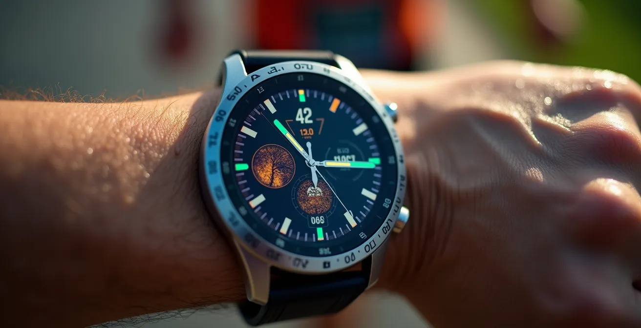 Läufer auf Wettkampfstrecke mit abstrakten Datenvisualisierungen