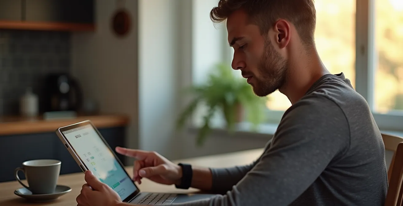 Sportler mit Trainingsplan und Messgeräten bei der Wochenplanung