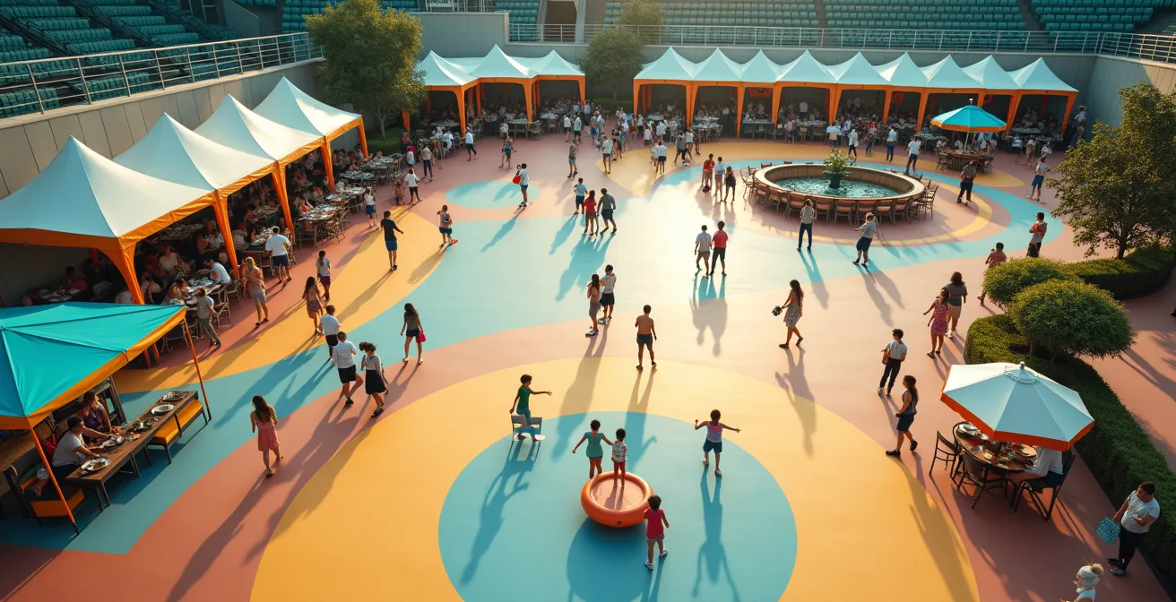 Übersichtskarte eines Eventgeländes mit verschiedenen thematischen Zonen für Familien und Fans